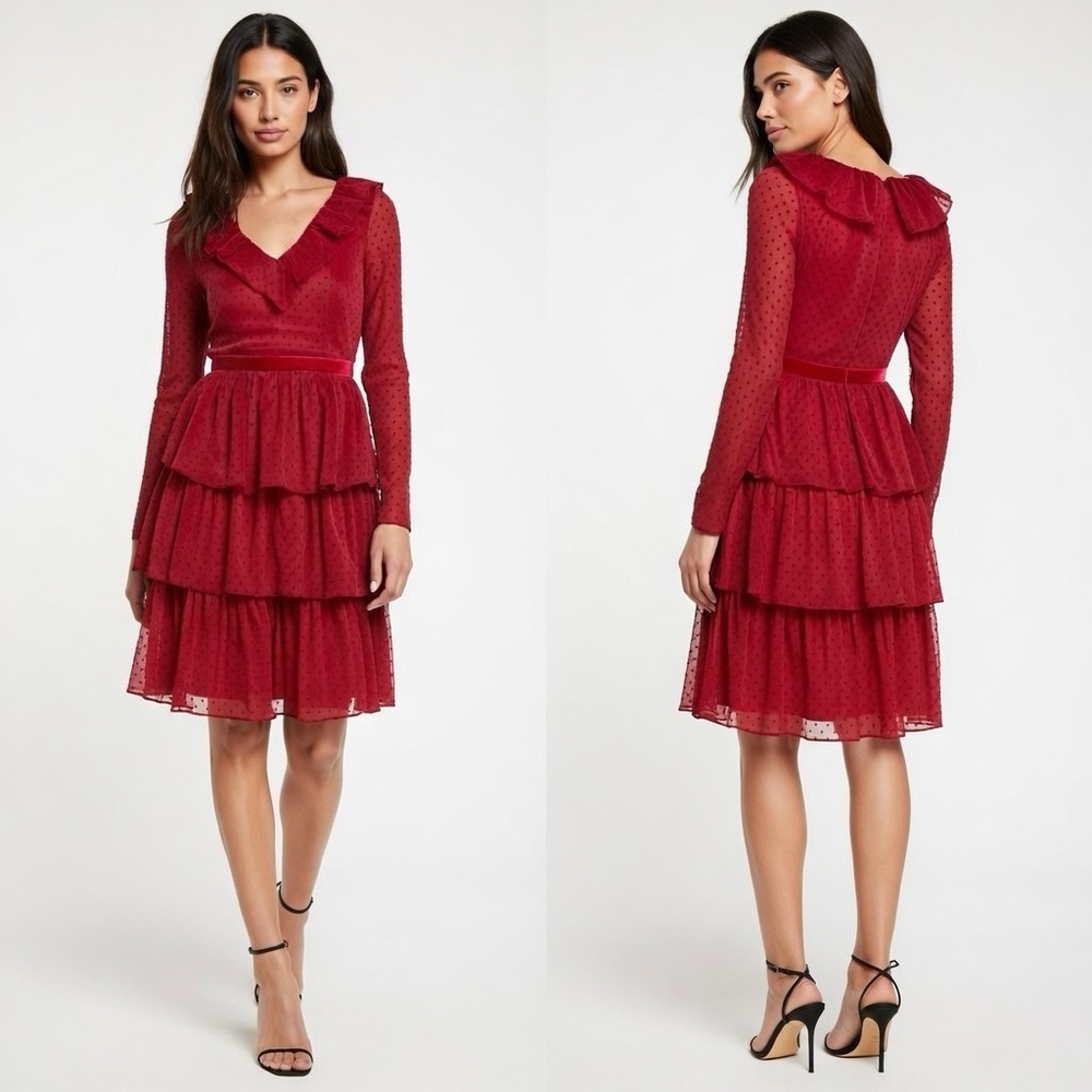 Rachel Parcell Ruffle Tiered Polka dot Chiffon Midi Dress size 10